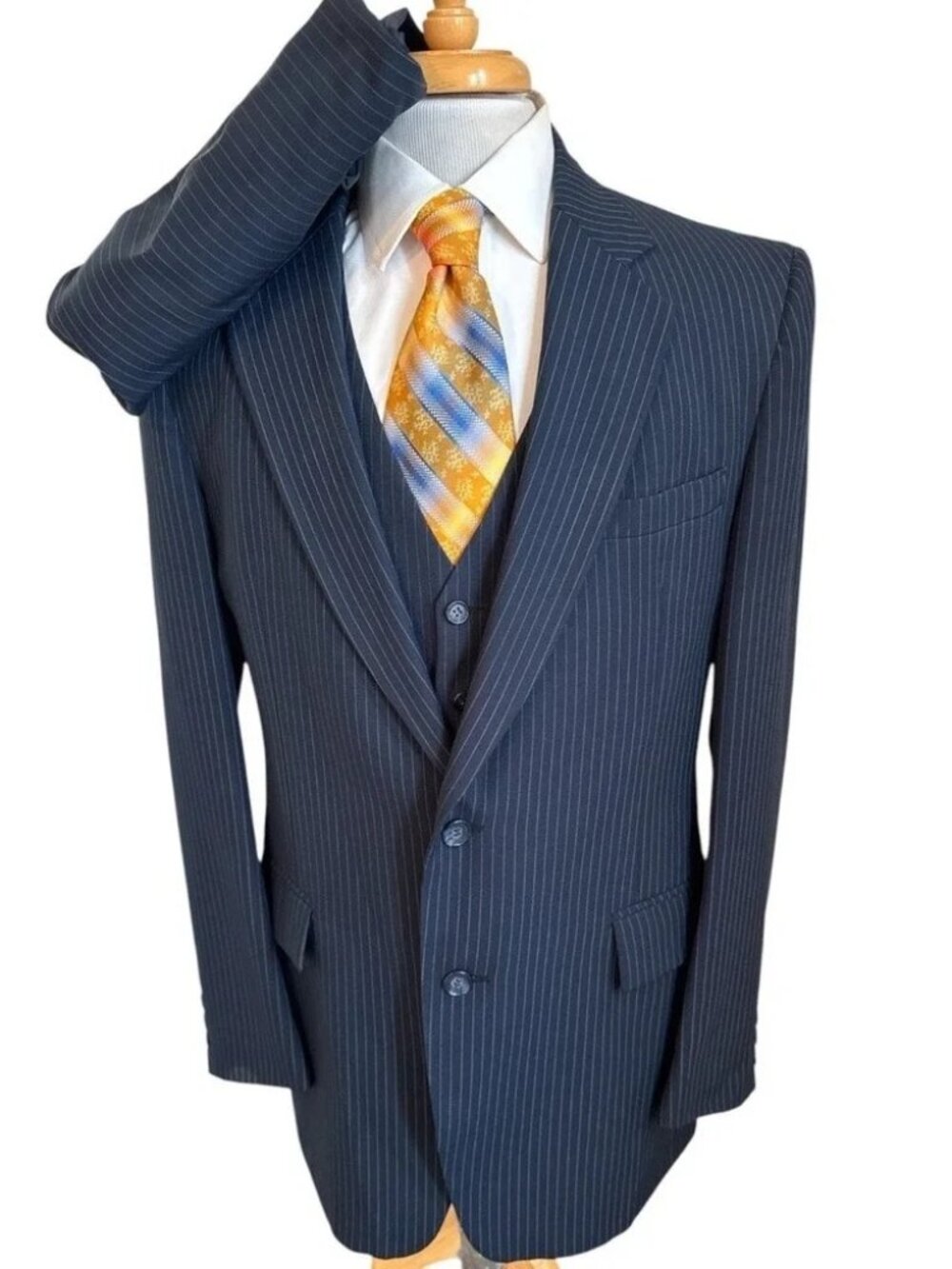 Vintage Rothmoor 3 Piece Suit Sz 40L Pants 34 x 30 + 2" Vest Blue Pin Stripe
